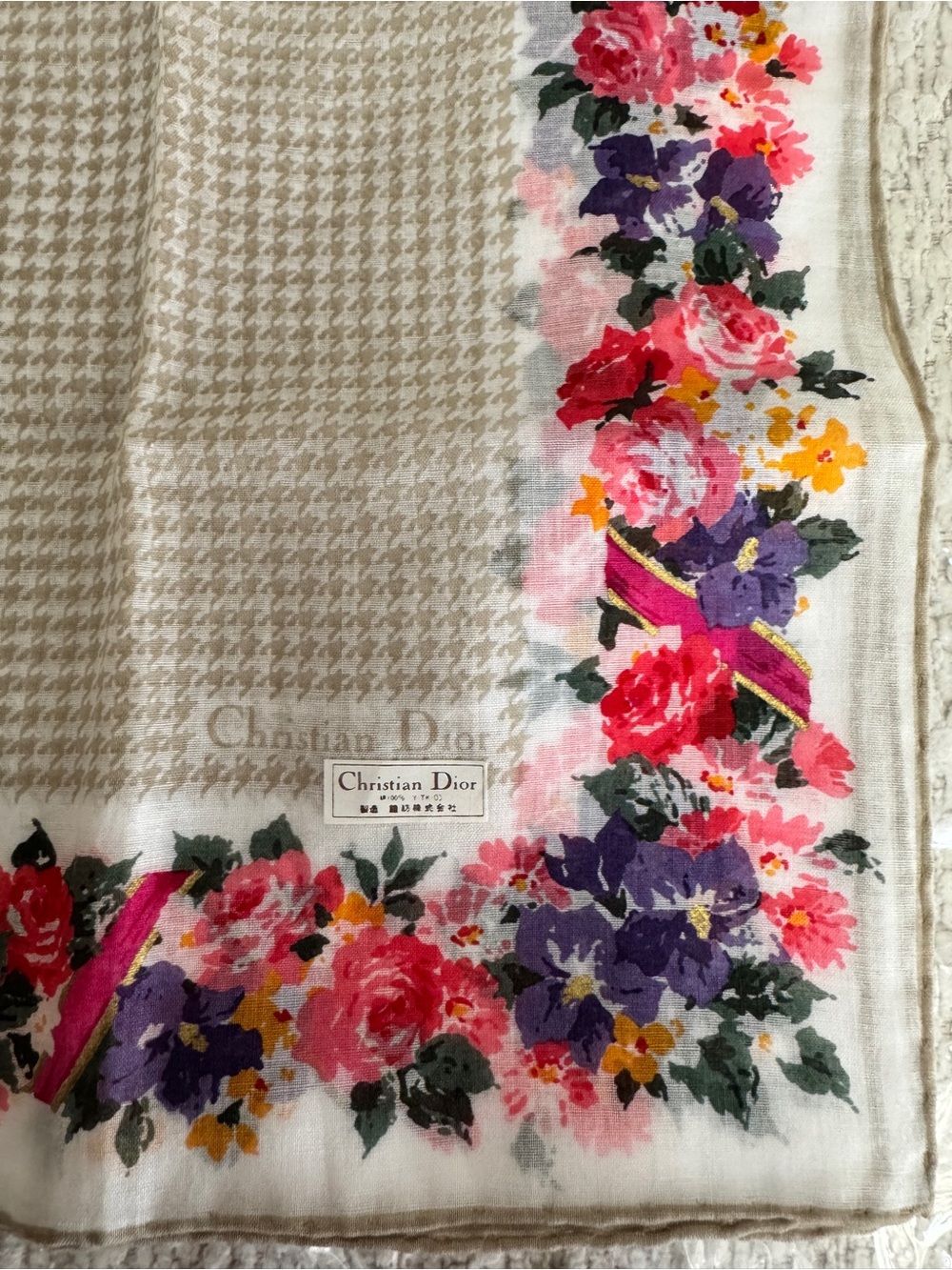 Christian Dior Floral Border Houndstooth Vintage Square Scarf Handkerchief